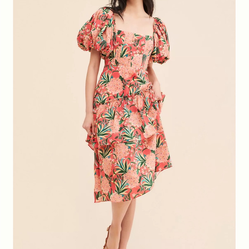 NWT - FARM Rio Orange Pink Puff Sleeve Midi Sundress